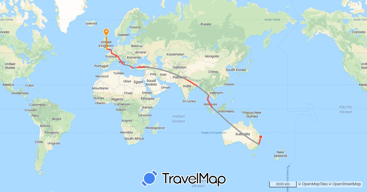 TravelMap itinerary: driving, plane, hiking, boat, hitchhiking in Australia, Switzerland, France, United Kingdom, Greece, India, Italy, Singapore, Thailand, Turkey (Asia, Europe, Oceania)